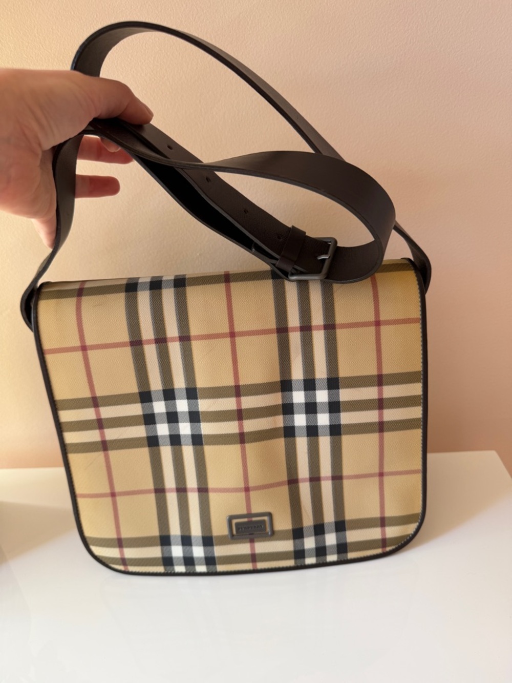 Burberry Tan Check Crossbody Messenger Bag with attachable pouch